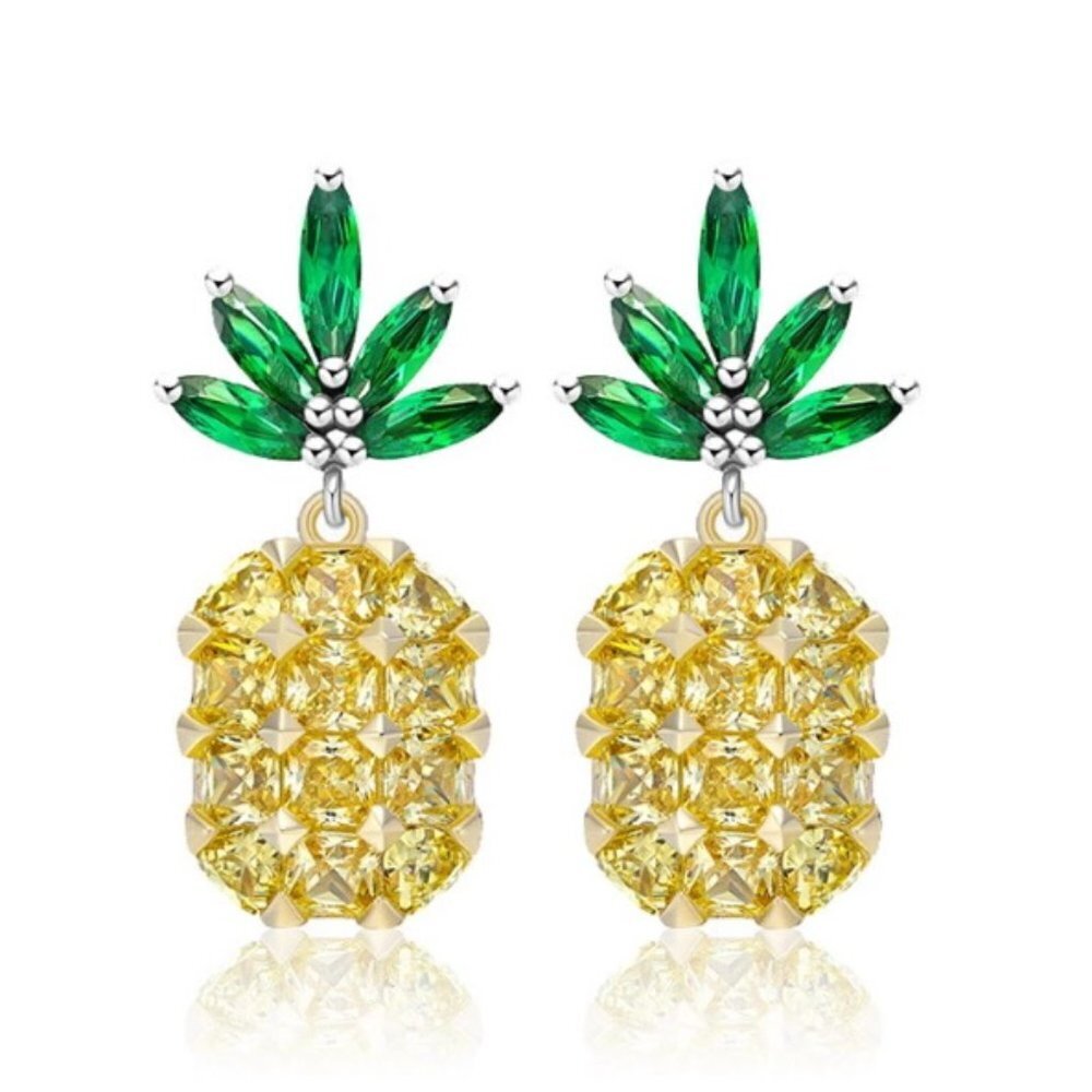 Pineapple earrings jewelry fashion fruit yellow gold tone green crystals fun